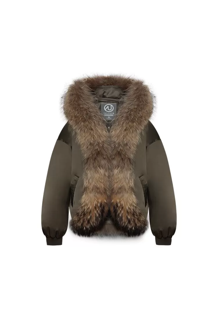 Ozlana Croissant Racoon Fur Hooded Downjacket(Olive-Green) | Women Down Puffer Jackets