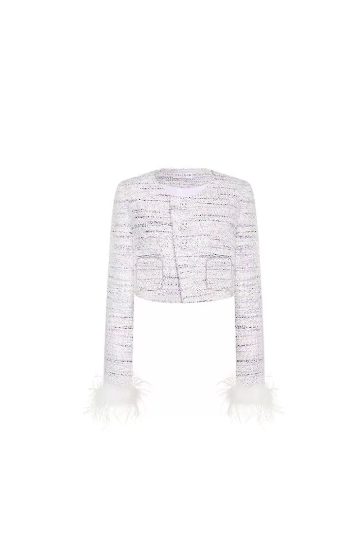 Ozlana Cropped Feather Tweed Jacket (Cream) | Women Tops
