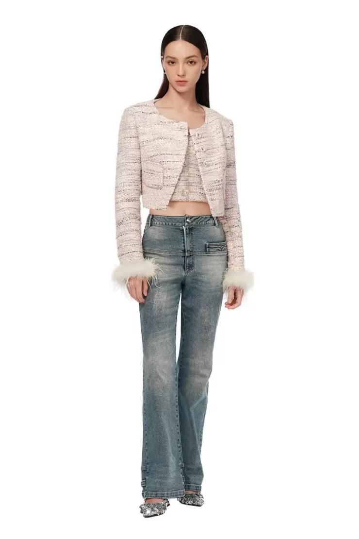Ozlana Cropped Feather Tweed Jacket (Cream) | Women Tops
