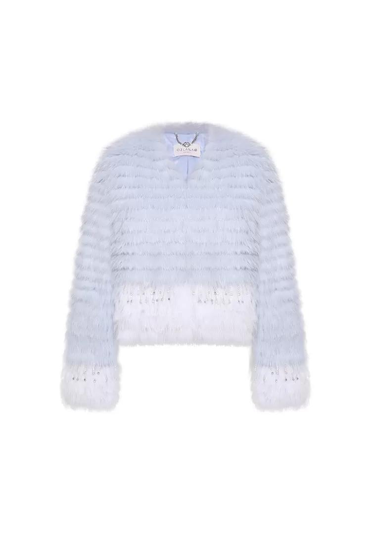 Ozlana Crown Crystal Contrast V Neck Fox Fur Jacket (Blue) | Women Full Fur Jackets