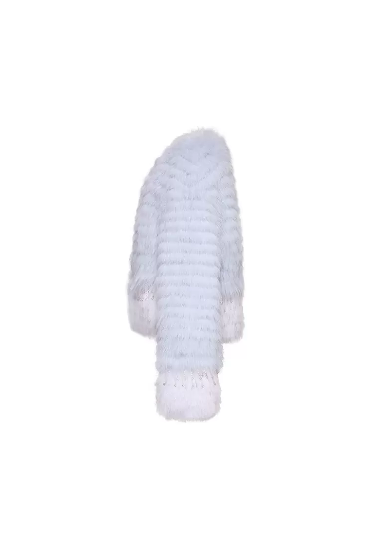 Ozlana Crown Crystal Contrast V Neck Fox Fur Jacket (Blue) | Women Full Fur Jackets