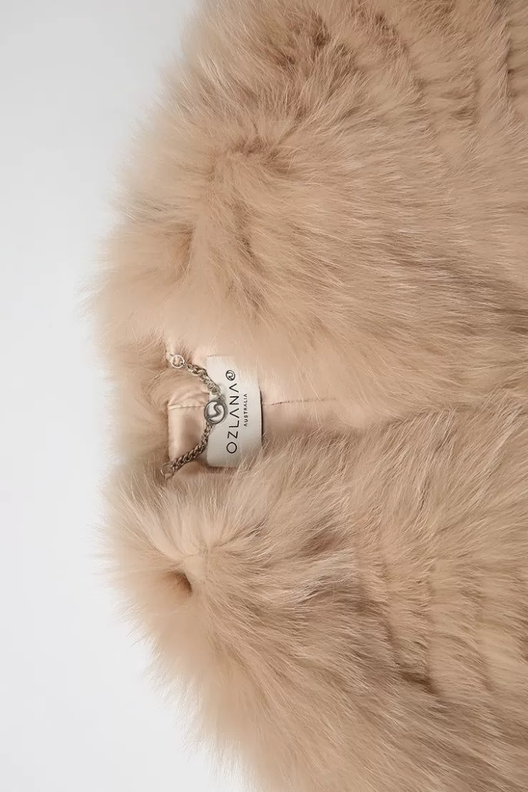 Ozlana Crown Crystal Contrast V Neck Fox Fur Jacket (Cream Gradient) | Women Full Fur Jackets