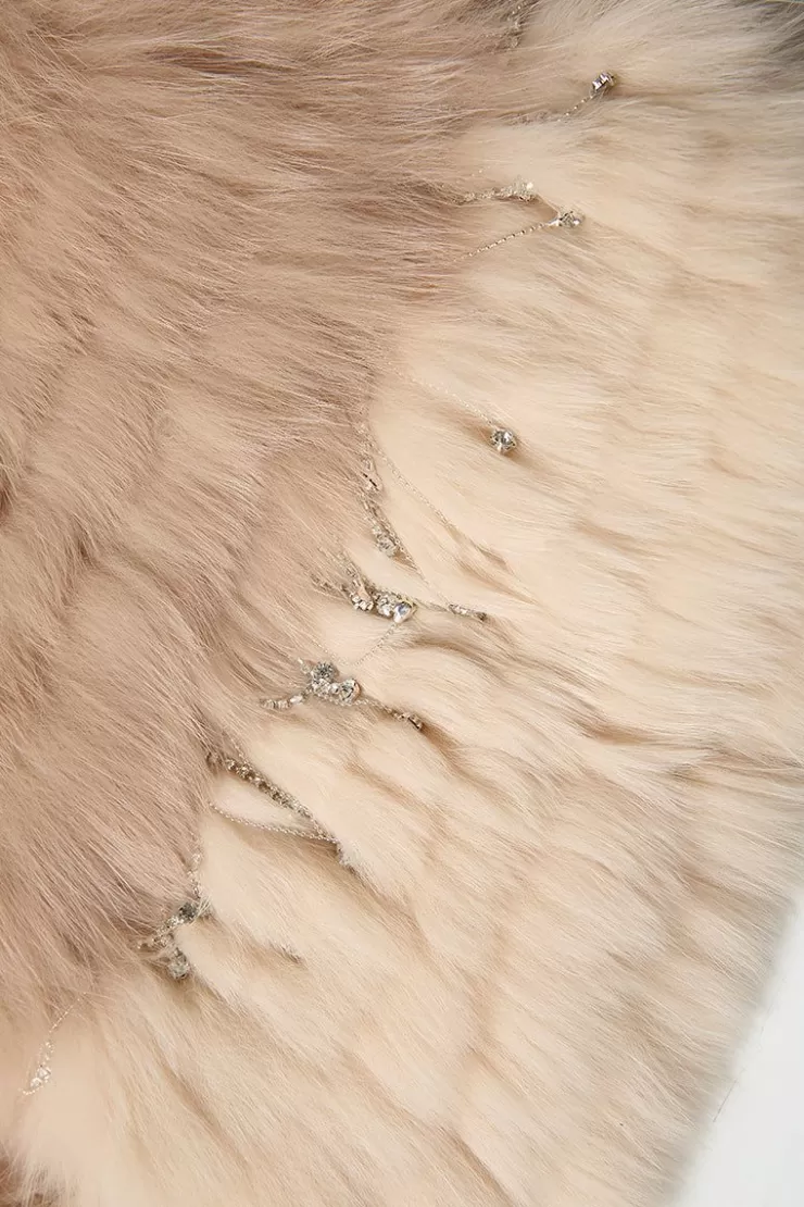 Ozlana Crown Crystal Contrast V Neck Fox Fur Jacket (Cream Gradient) | Women Full Fur Jackets