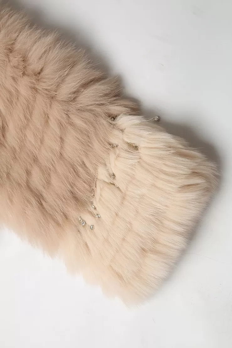 Ozlana Crown Crystal Contrast V Neck Fox Fur Jacket (Cream Gradient) | Women Full Fur Jackets
