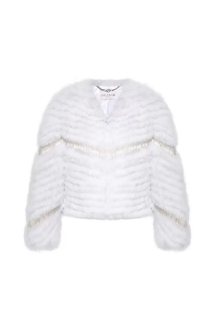 Ozlana Crystal Fringe Fox Fur Jacket (White) | Women Full Fur Jackets