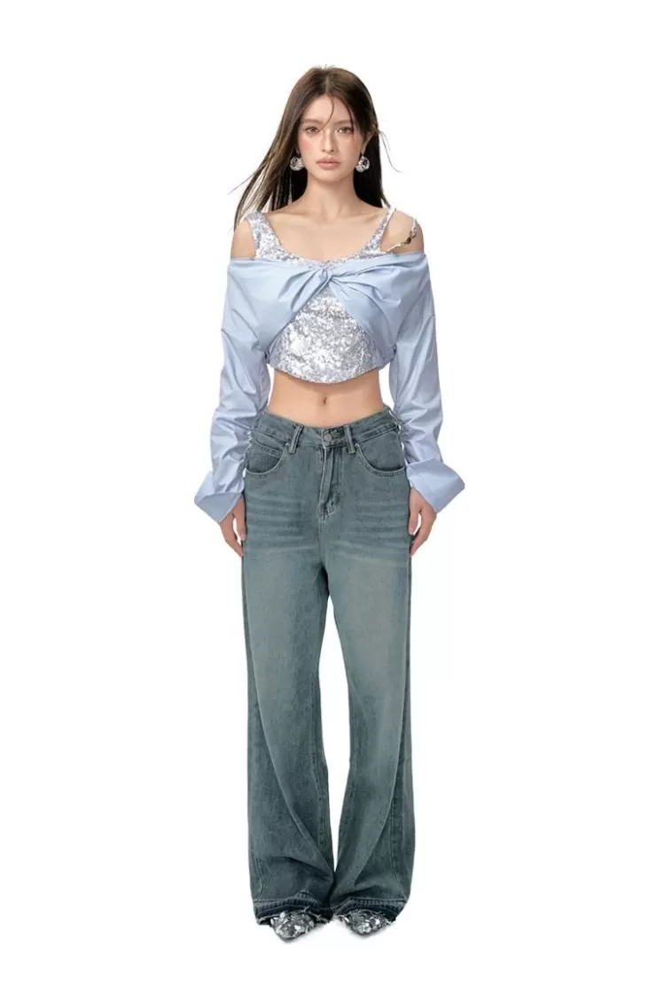 Ozlana Detachable Sequin Vest Shirt Set(Blue) | Women Matching Sets