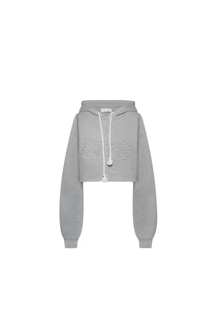 Ozlana Emboss Flower Hoodie Sweatershirt(Gray) | Women Tops