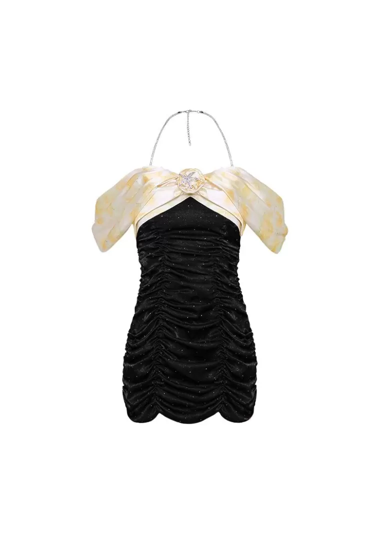Ozlana Etoile Gathered Halterneck Dress(Black) | Women Dresses & Sets