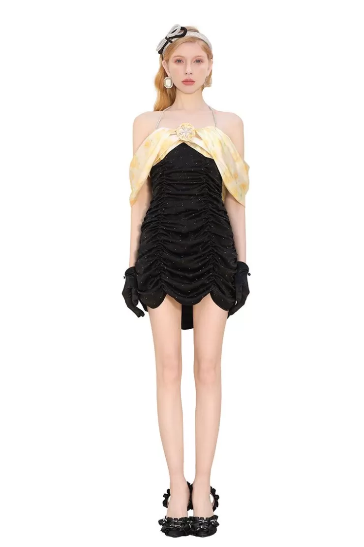 Ozlana Etoile Gathered Halterneck Dress(Black) | Women Dresses & Sets