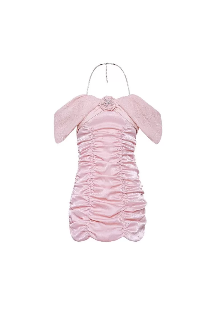 Ozlana Etoile Gathered Halterneck Dress(Pink) | Women Dresses & Sets