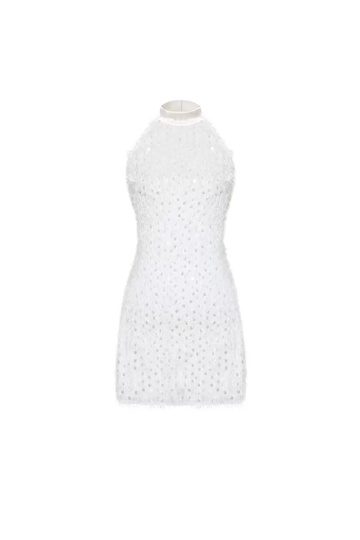 Ozlana High Winds Textured Sparkle Halterneck Dress(Cream) | Women Dresses & Sets