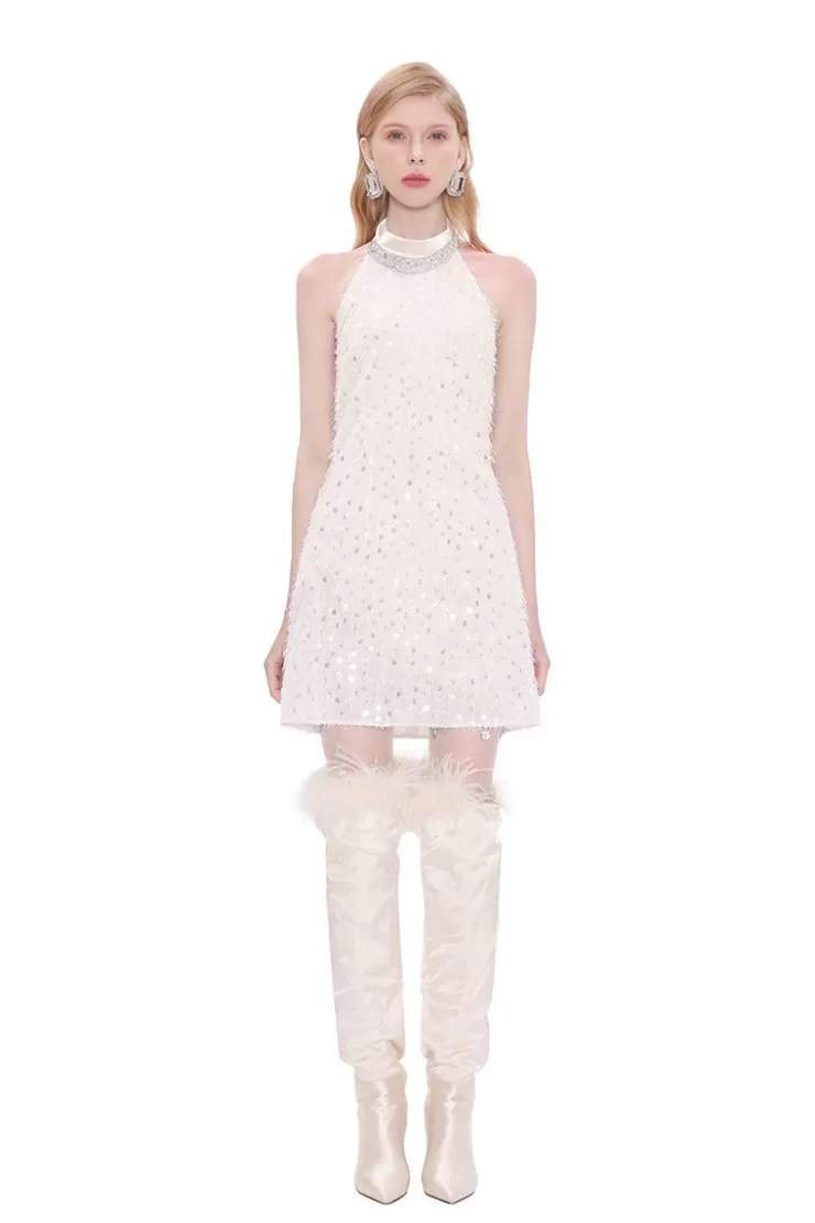 Ozlana High Winds Textured Sparkle Halterneck Dress(Cream) | Women Dresses & Sets