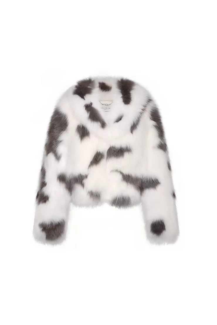 Ozlana Highland Wide Lapel Crop Racoon Fur Jacket(Cow White) | Women Omniverse: Milan Runway Collection