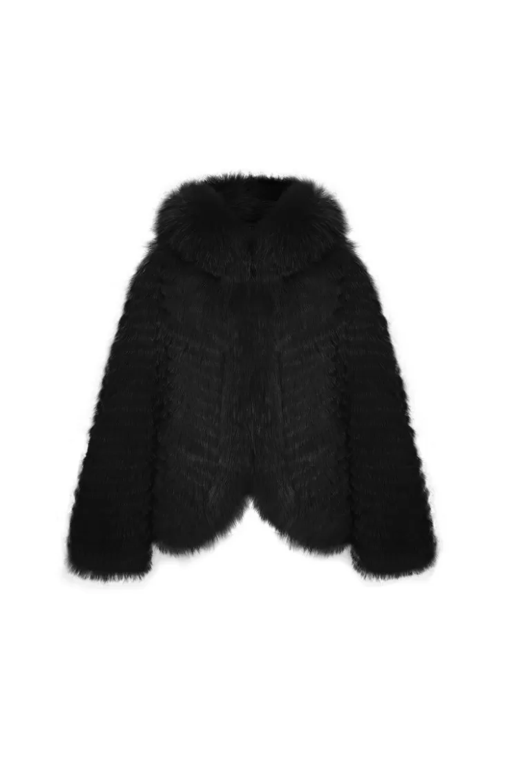 Ozlana Hooded Heart Rose Fox Fur Jacket(Black) | Women Omniverse: Milan Runway Collection