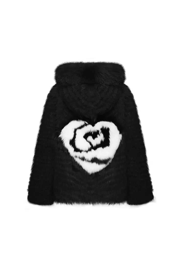 Ozlana Hooded Heart Rose Fox Fur Jacket(Black) | Women Omniverse: Milan Runway Collection