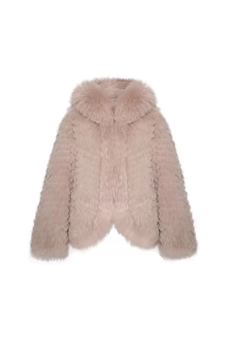 Ozlana Hooded Heart Rose Fox Fur Jacket(Mocha) | Women Omniverse: Milan Runway Collection