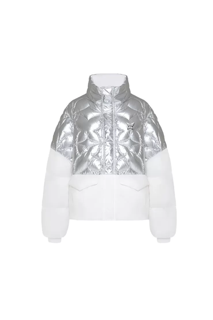 Ozlana Ice Land Colour Contrastdown Cropped Jacket(Silver) | Women Down Puffer Jackets