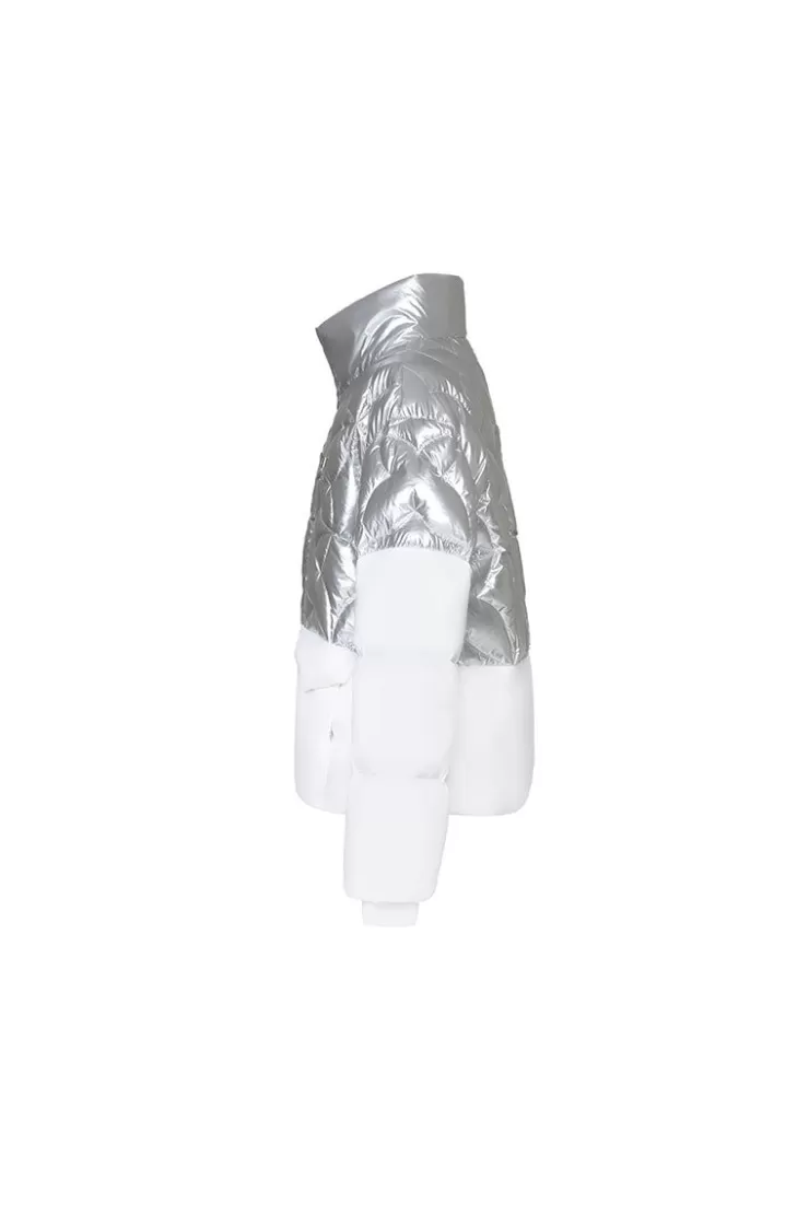 Ozlana Ice Land Colour Contrastdown Cropped Jacket(Silver) | Women Down Puffer Jackets