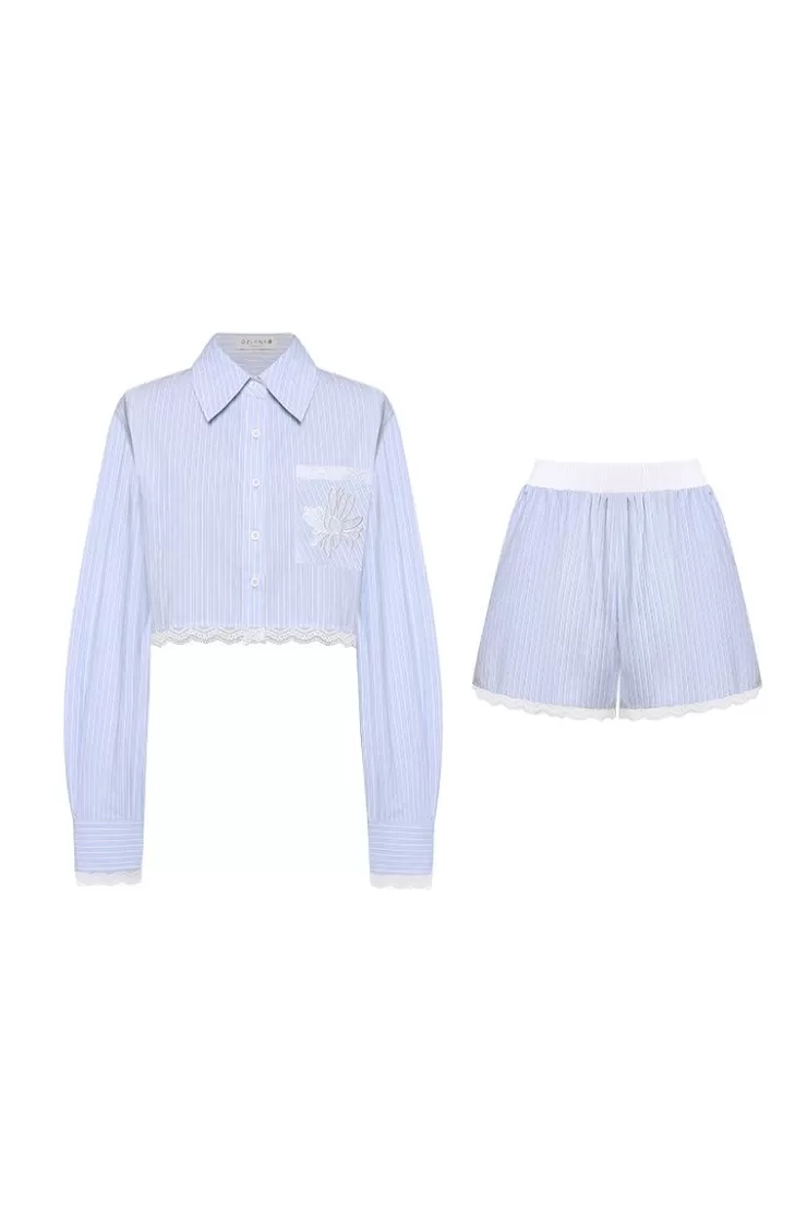 Ozlana Lace-Contrasted Striped Shirt And Shorts Set(Blue) | Women Matching Sets