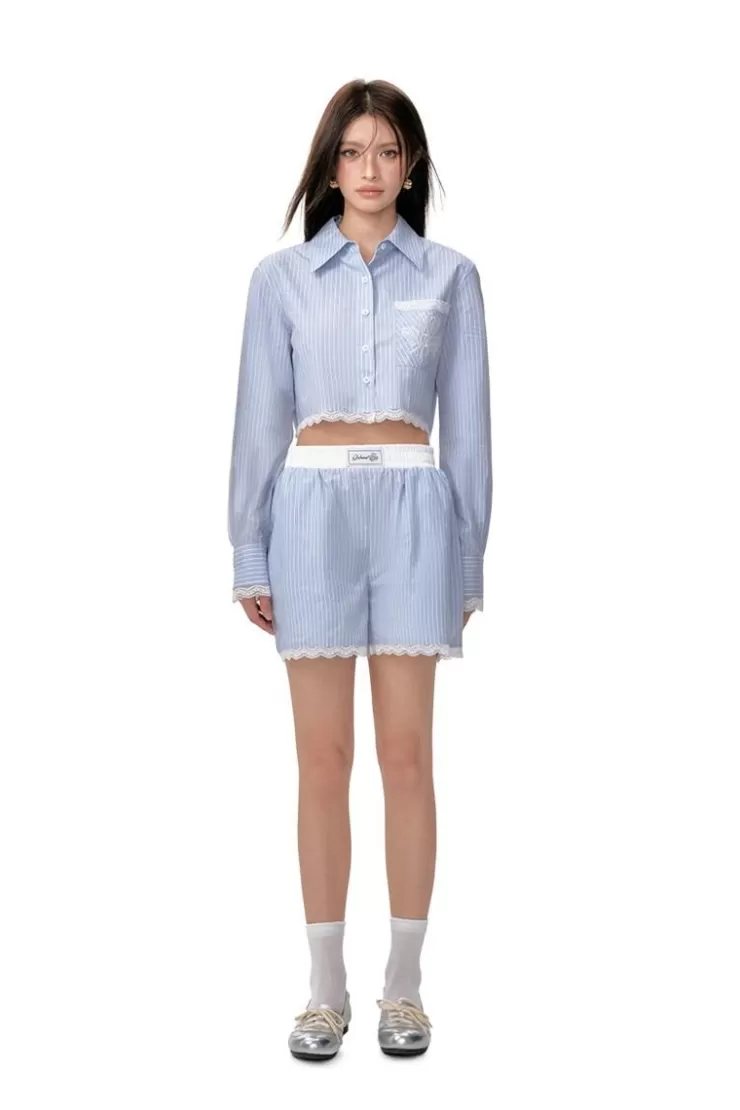 Ozlana Lace-Contrasted Striped Shirt And Shorts Set(Blue) | Women Matching Sets