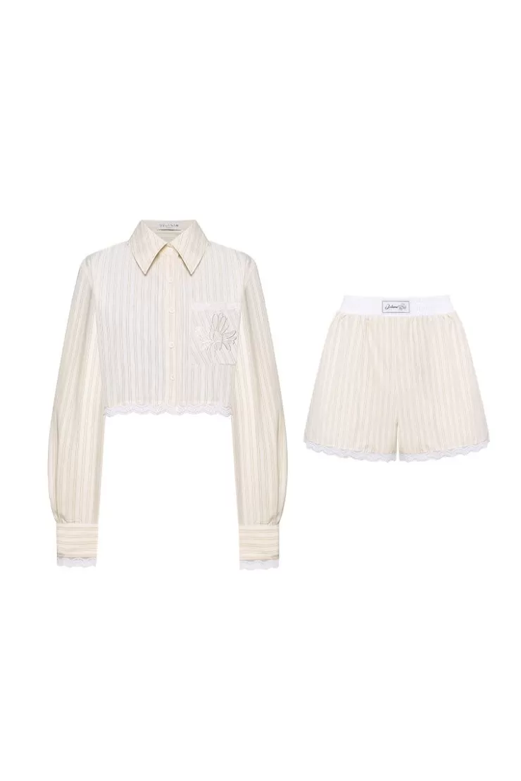 Ozlana Lace-Contrasted Striped Shirt And Shorts Set(Yellow) | Women Matching Sets