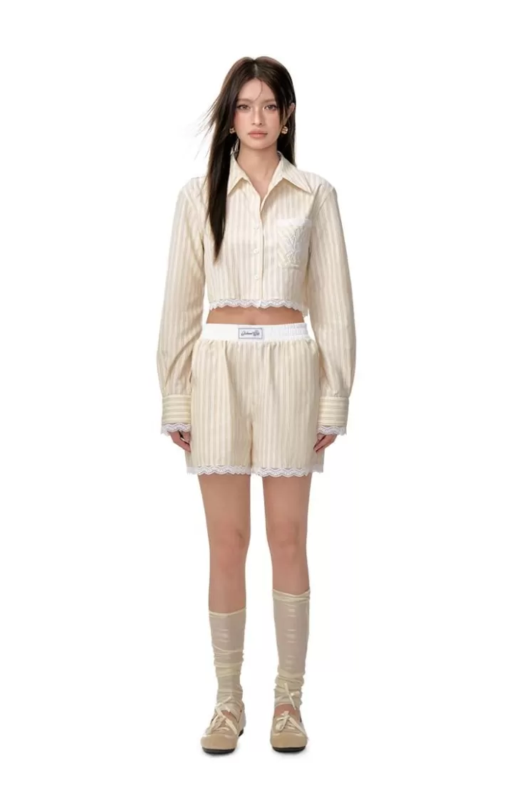 Ozlana Lace-Contrasted Striped Shirt And Shorts Set(Yellow) | Women Matching Sets