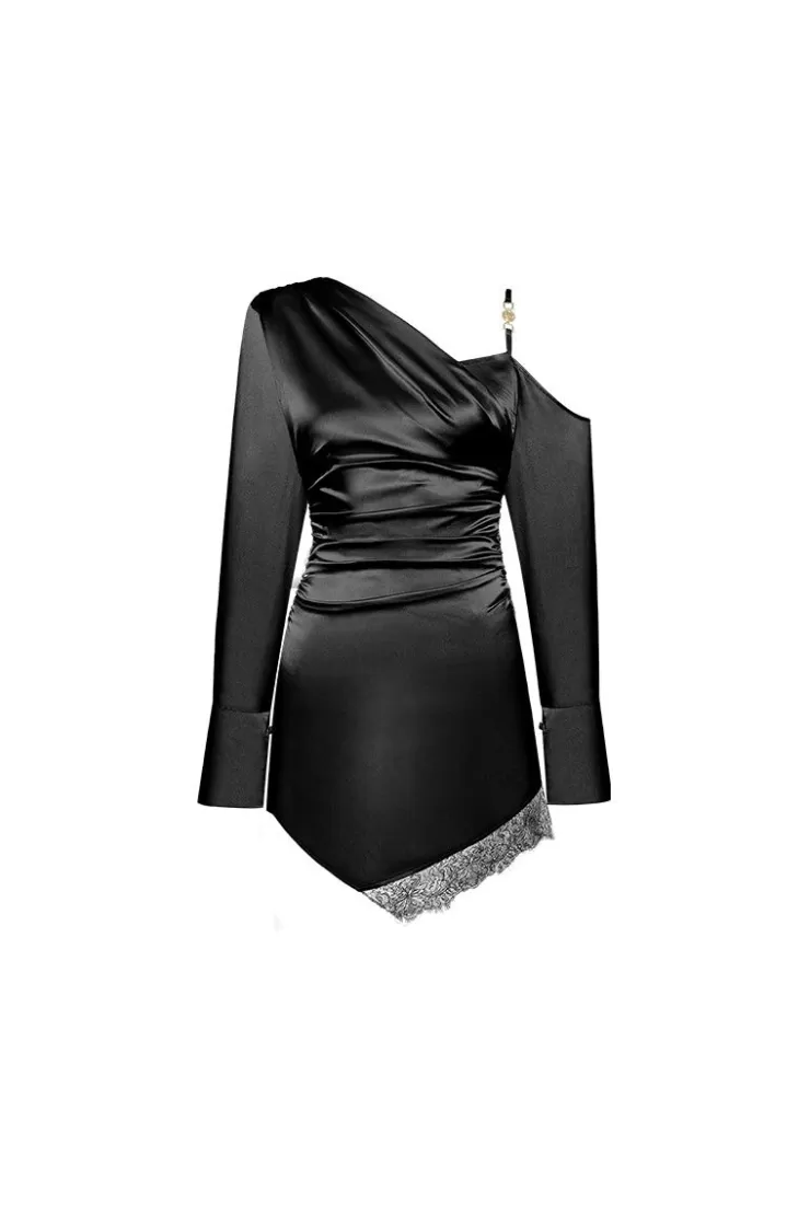 Ozlana Lace-Trimmed One-Shoulder Stain Dress(Black) | Women Dresses & Sets