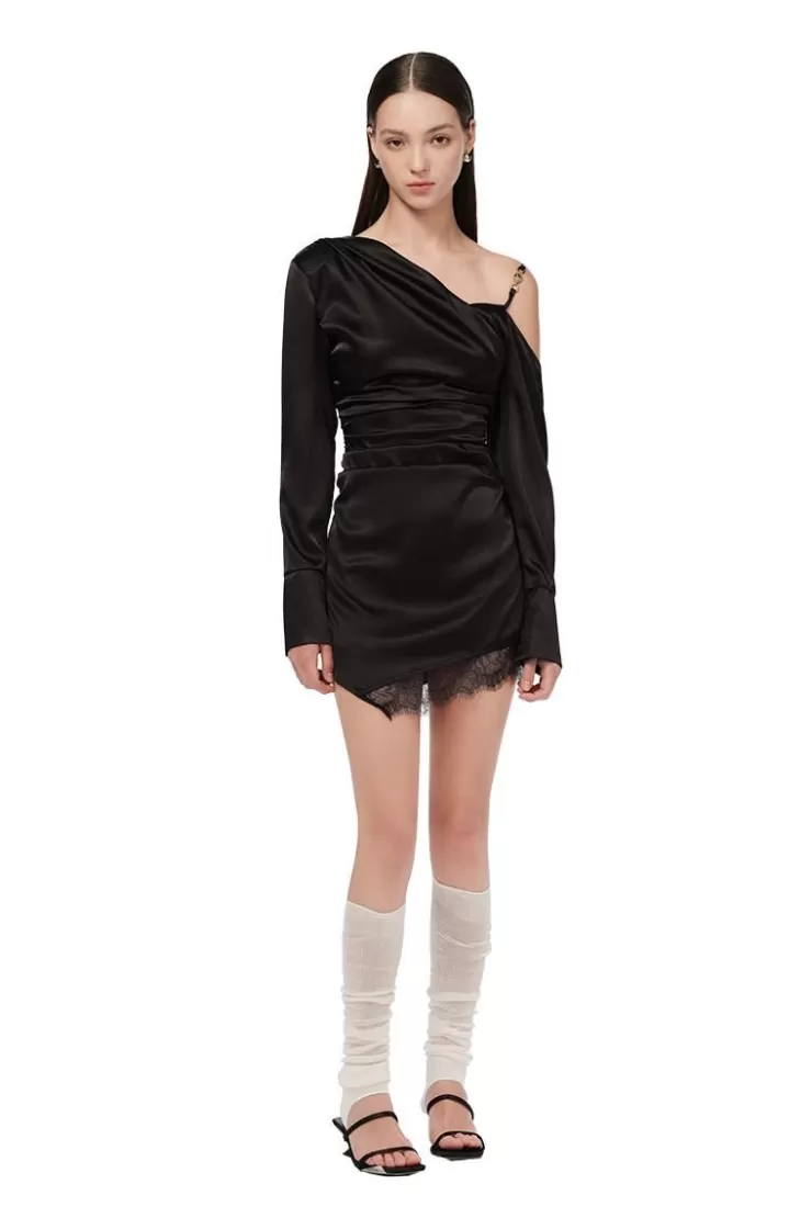 Ozlana Lace-Trimmed One-Shoulder Stain Dress(Black) | Women Dresses & Sets
