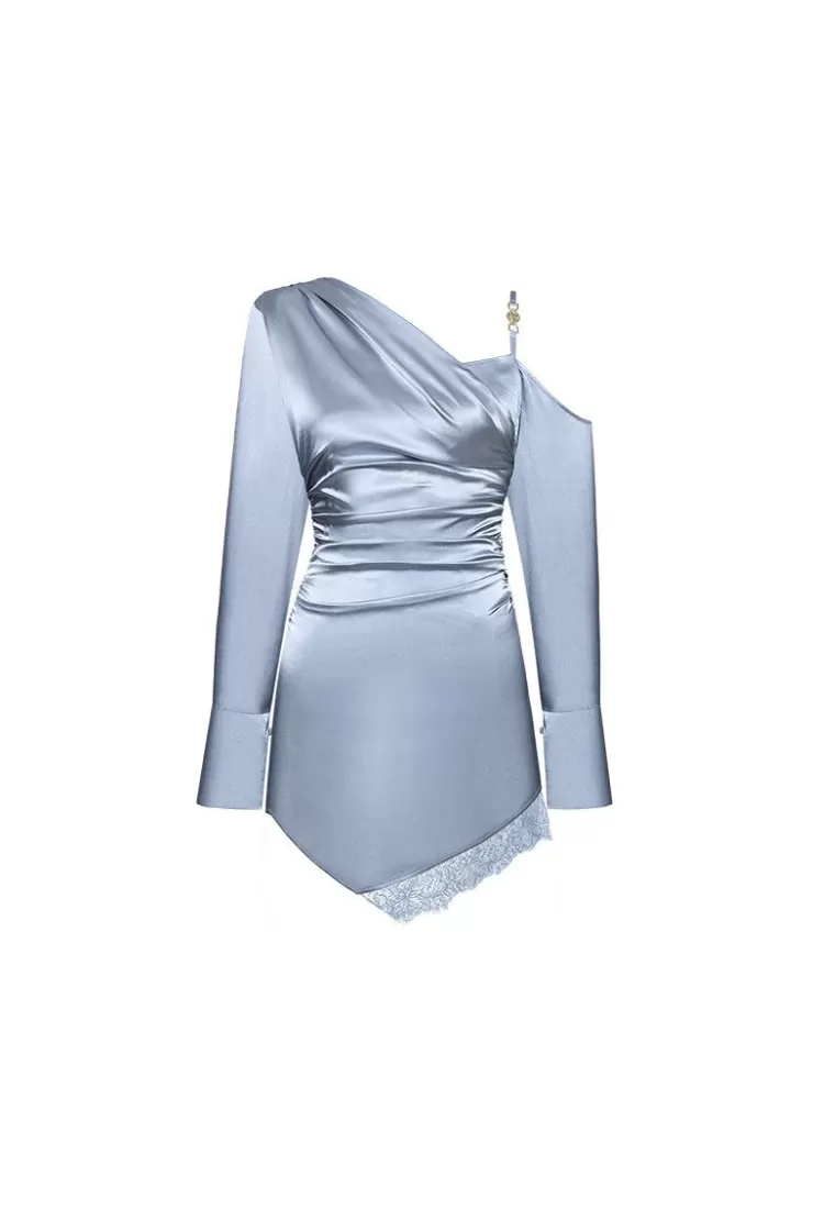 Ozlana Lace-Trimmed One-Shoulder Stain Dress(Blue) | Women Dresses & Sets