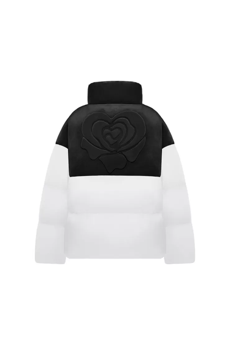 Ozlana Melting Rose Heart Contrast Casual Puffer Jacket(Black+Light Grey) | Women Down Puffer Jackets