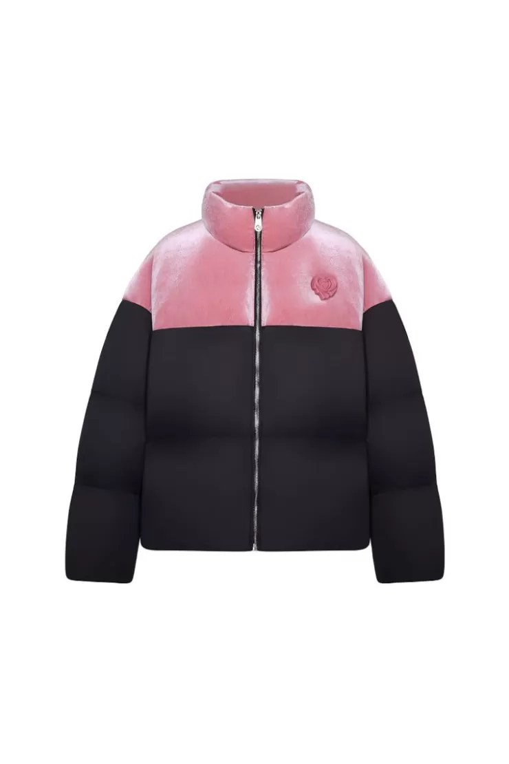 Ozlana Melting Rose Heart Contrast Casual Puffer Jacket(Pink+Black) | Women Down Puffer Jackets