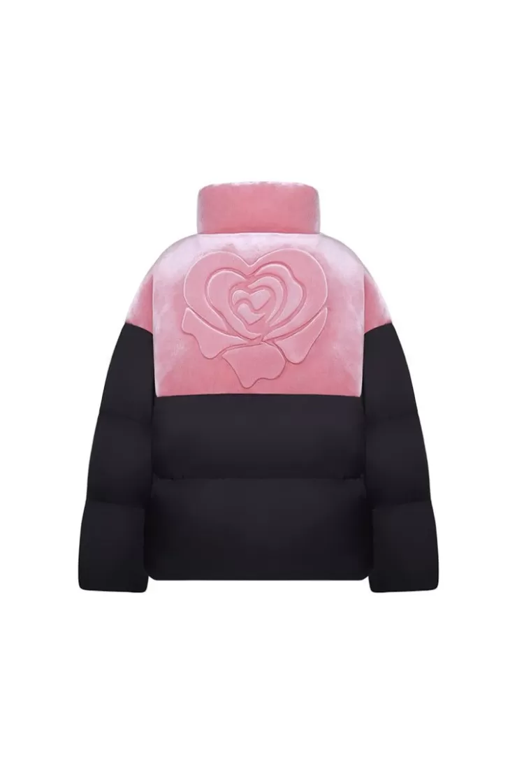 Ozlana Melting Rose Heart Contrast Casual Puffer Jacket(Pink+Black) | Women Down Puffer Jackets