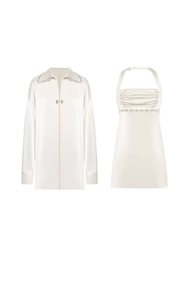 Ozlana Mermaid Satin Halterneck Dress & Shirt Set (Cream) | Women Matching Sets