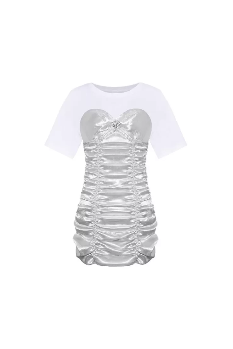Ozlana Moon Tides Silver Gathered Layered Dress(White) | Women Dresses & Sets
