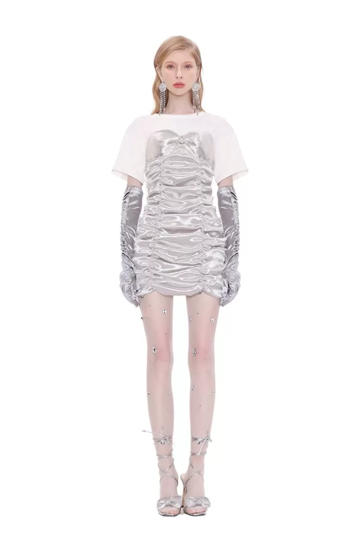 Ozlana Moon Tides Silver Gathered Layered Dress(White) | Women Dresses & Sets