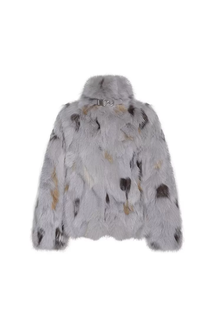 Ozlana Ochre Buckle Collar Fox Fur Jacket (Grey) | Women Omniverse: Milan Runway Collection