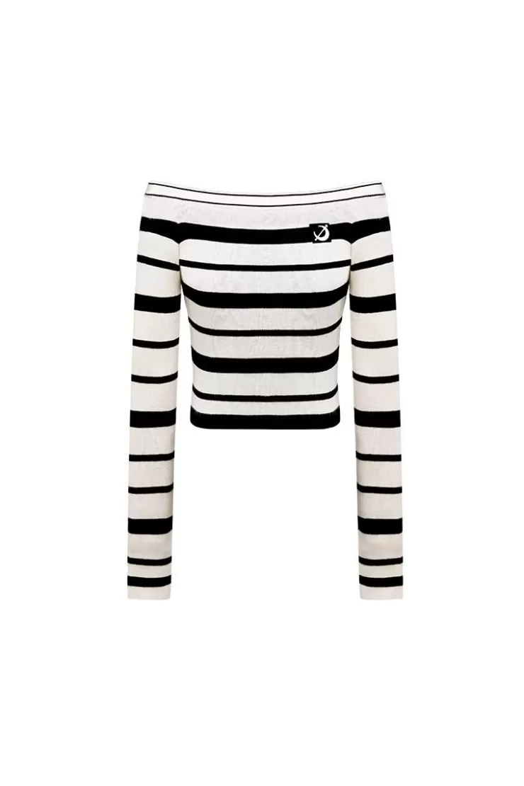 Ozlana Off-Shoulder Logo Stripe Knit (Cream) | Women Ozln