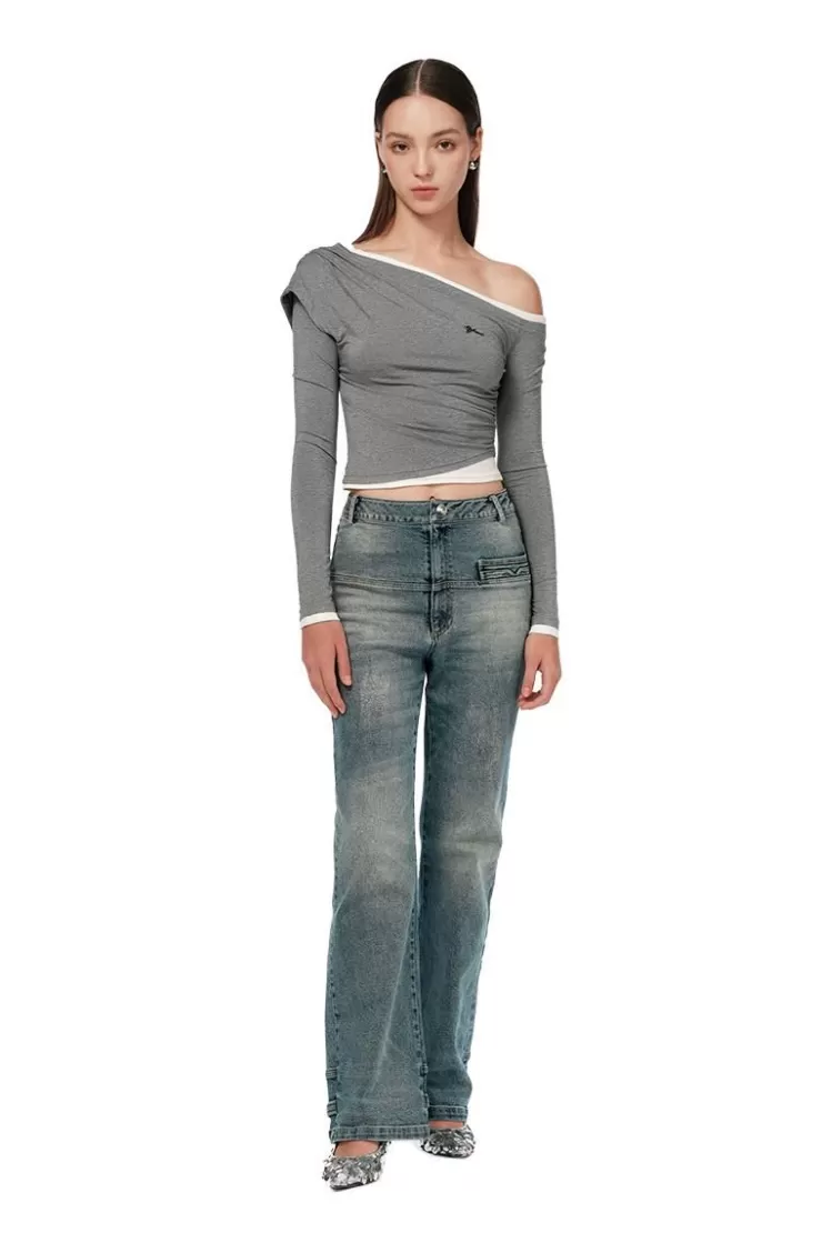 Ozlana One Shoulder Slim Top(Gray) | Women Tops