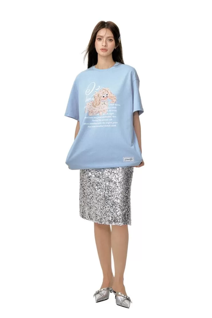 Ozlana Oversized Pet & Text Graphic T-Shirt(Blue) | Women Tops