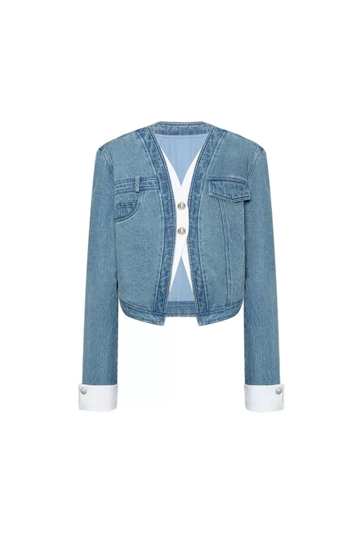 Ozlana Ozln Arc Layered Placket Denim Jacket (Blue) | Women Ozln