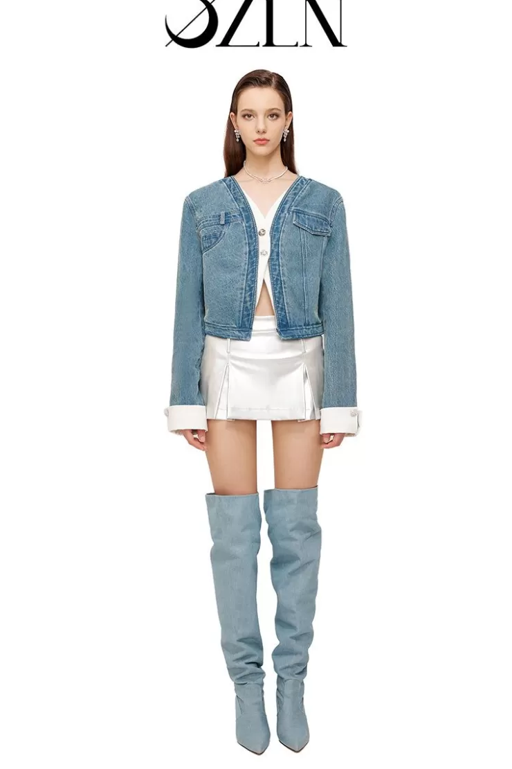 Ozlana Ozln Arc Layered Placket Denim Jacket (Blue) | Women Ozln