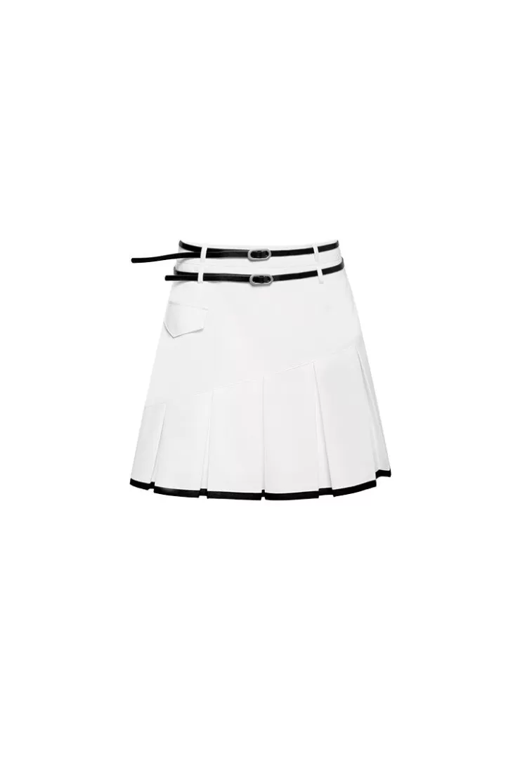 Ozlana Ozln Barre Double Belt Pleated Mini Skirt (White) | Women Bottoms