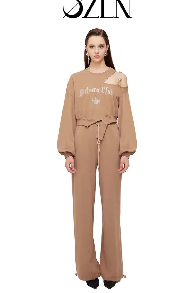 Ozlana Ozln Club Crystal Off Shoulder Lounge Suit Ozln Club(Camel) | Women Matching Sets