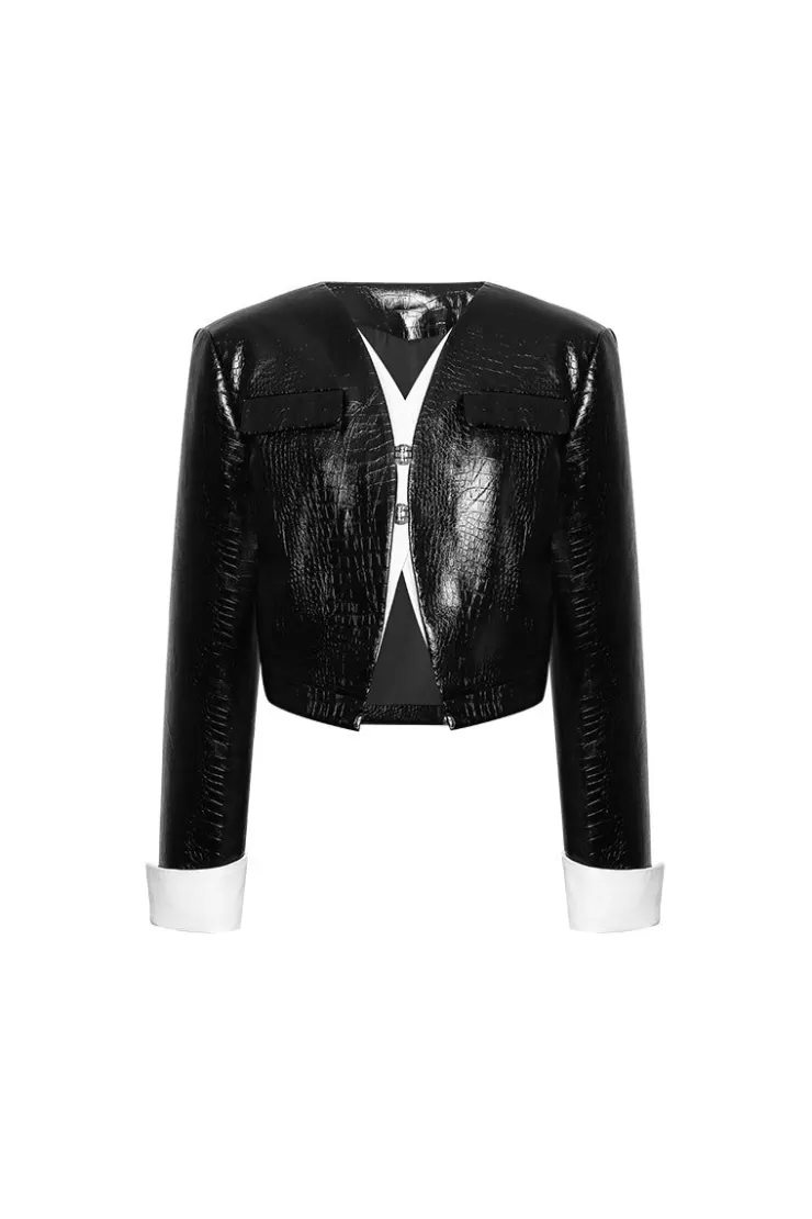 Ozlana Ozln Curve Eco Leather Blazer(Black) | Women Ozln