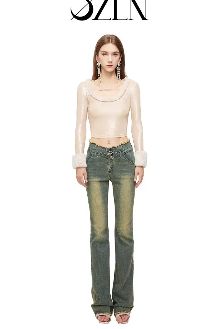 Ozlana Ozln Curved Waist Vintage Straight Leg Jeans(Blue) | Women Bottoms