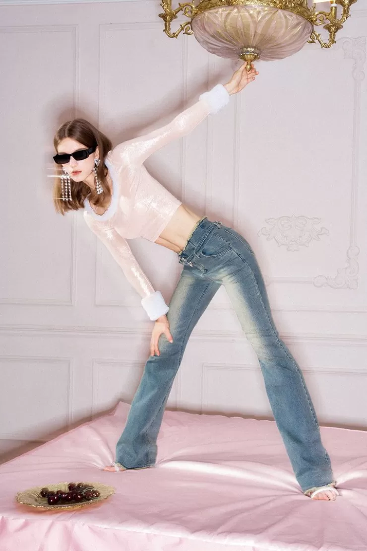 Ozlana Ozln Curved Waist Vintage Straight Leg Jeans(Blue) | Women Bottoms