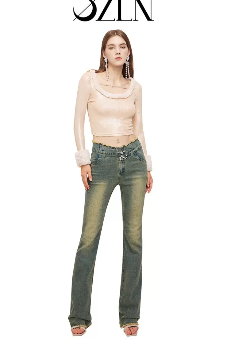 Ozlana Ozln Curved Waist Vintage Straight Leg Jeans(Blue) | Women Bottoms