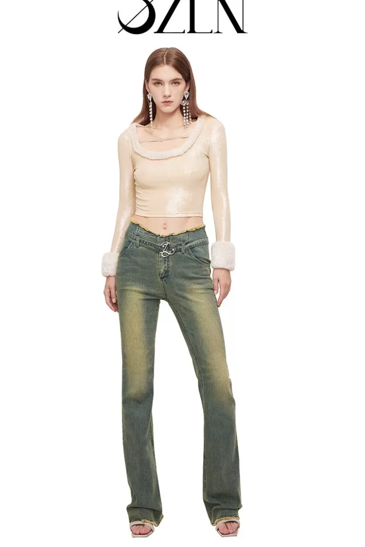 Ozlana Ozln Curved Waist Vintage Straight Leg Jeans(Blue) | Women Bottoms