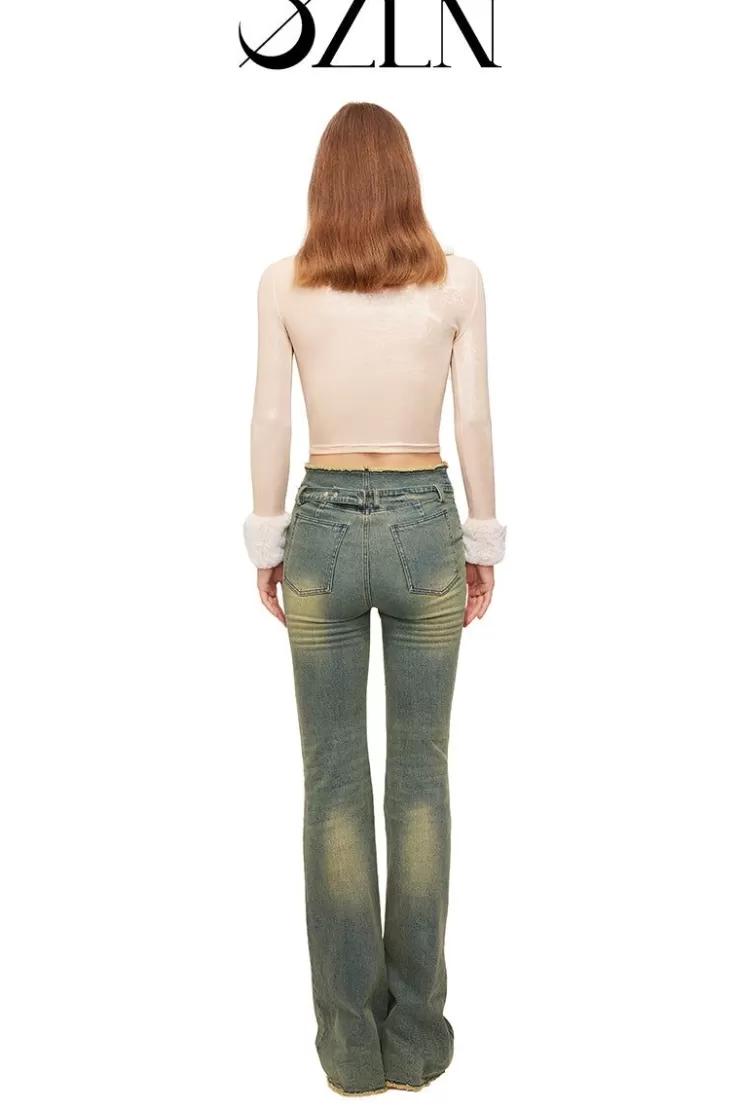 Ozlana Ozln Curved Waist Vintage Straight Leg Jeans(Blue) | Women Bottoms