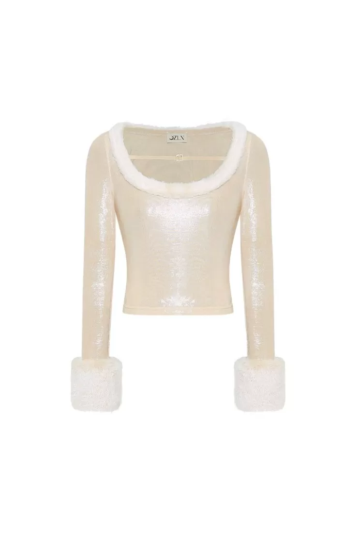 Ozlana Ozln Detachable Faux Fur Sleeve Crop(Camel) | Women Knits